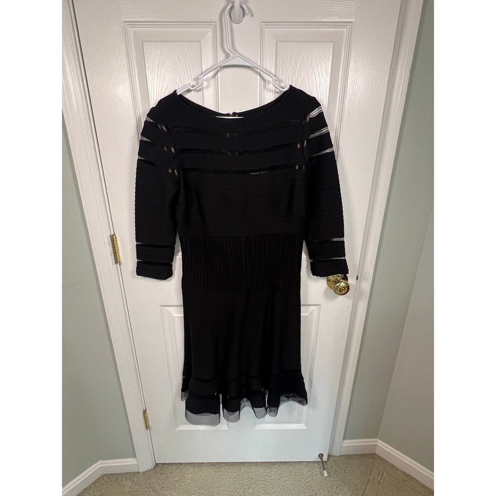 Tadashi Shoji Black Mesh Stripe Cocktail Dress Women Medium Knee Length (IN#36)